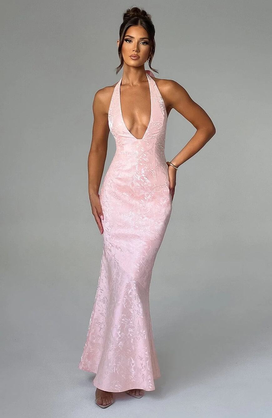 NWT Babyboo Josephine Blush Pink Formal Gown A-Line Halter Maxi Dress Size M
